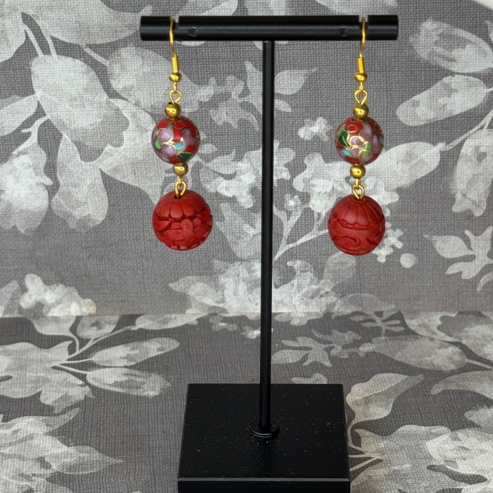 Cloisonné and Cinnabar Beaded Earrings